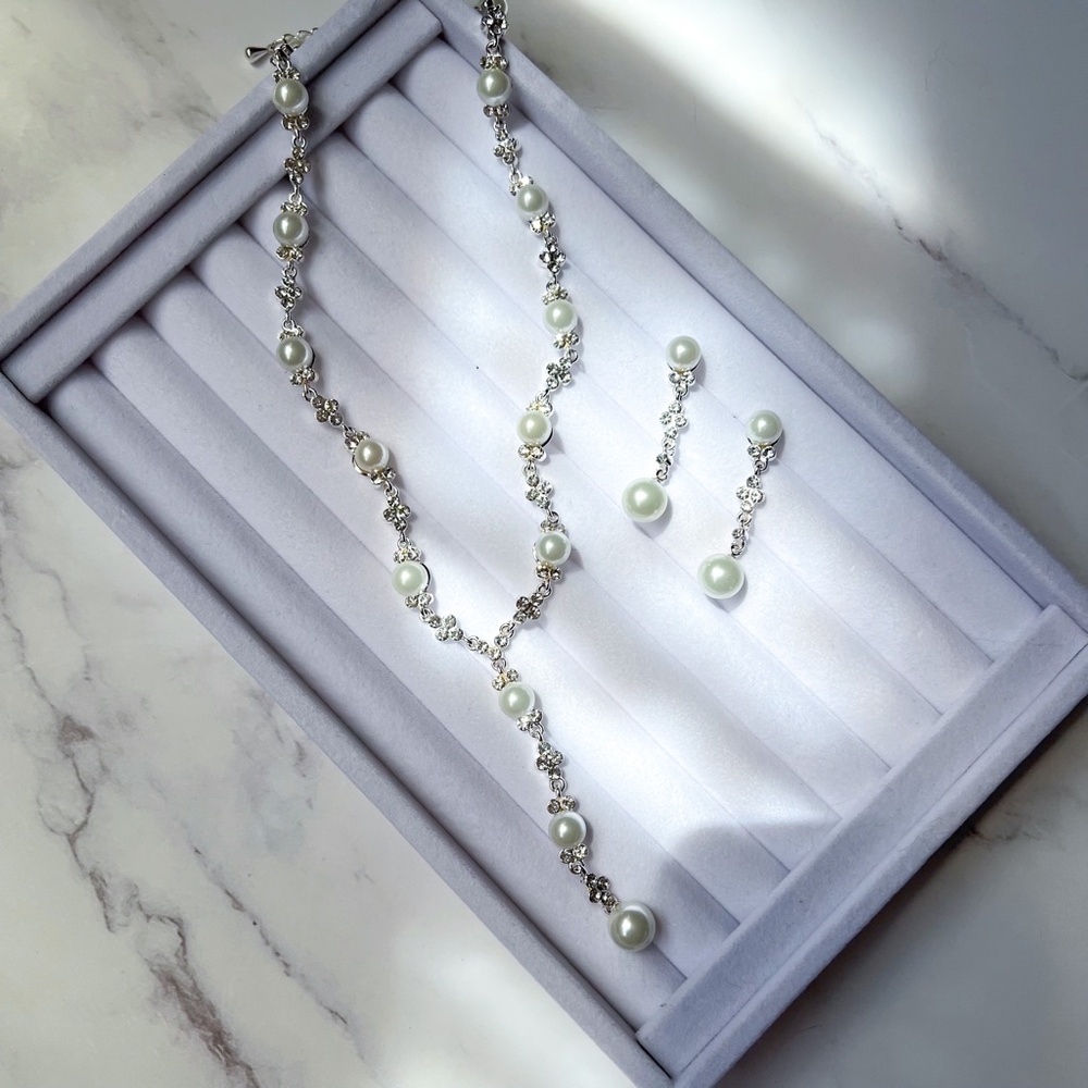 NEW Women’s Pearl Crystal Jewelry Set Necklace Earrings Wedding Prom Elegant